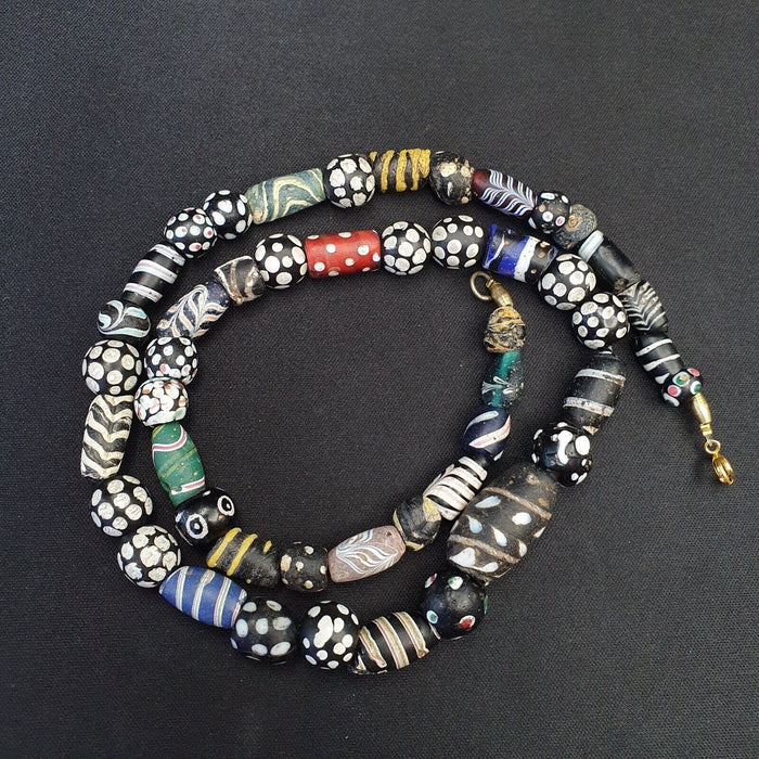 Antique Venetian Black Italian Lampwork White Feather Beads, African Trade