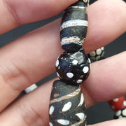 Venetian Black Beads, Antique Italian Lampwork Strand - White Feather Accent, African Trade Glass, Vintage