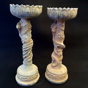 Pair of antique bronze figural candle stick holders dragon and bird figurine