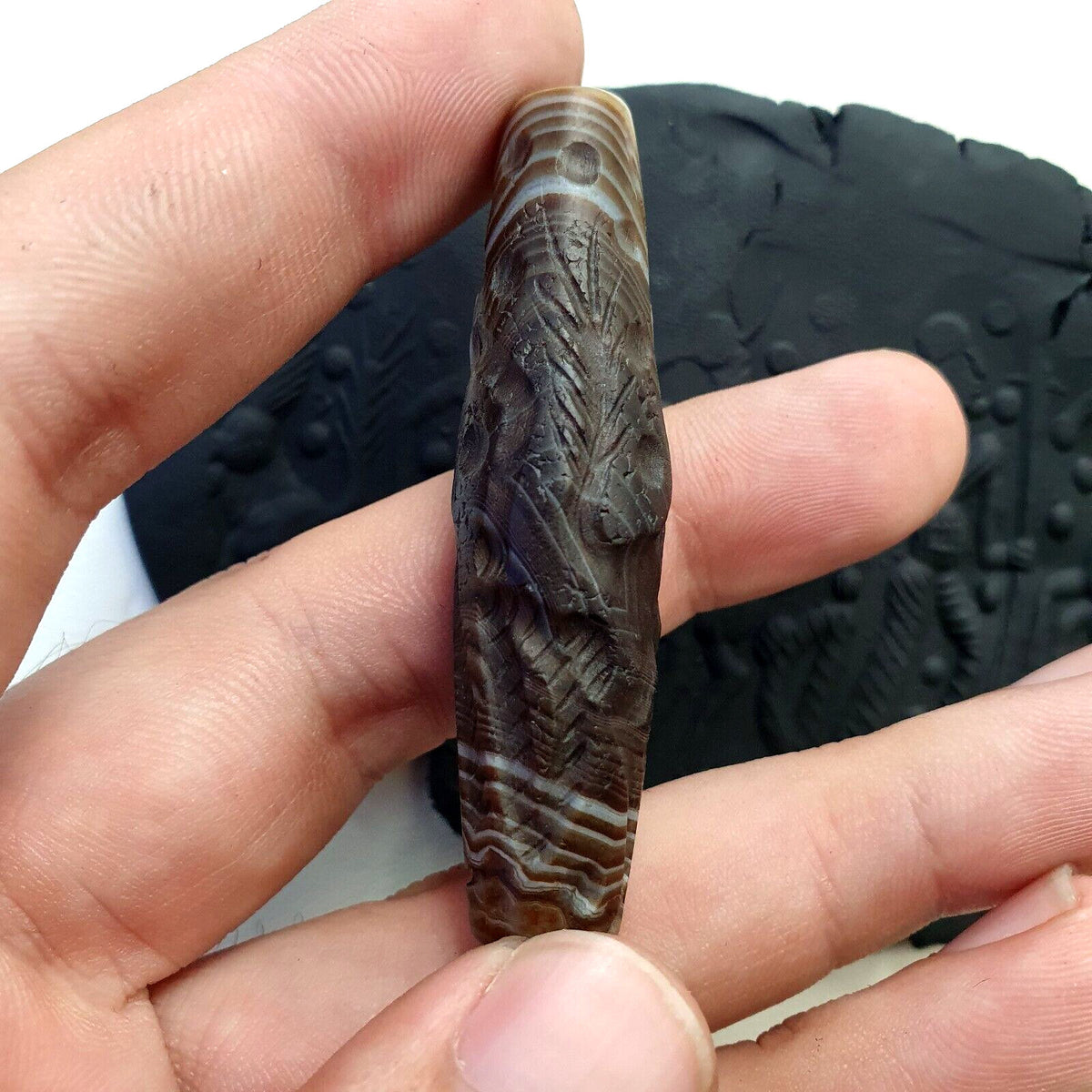 Horse & Hunter Antique Ancient Indo Tibetan Carving Agate Eye Stone Bead Amulet