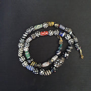 Venetian Black Beads, Antique Italian Lampwork Strand - White Feather Accent, African Trade Glass, Vintage