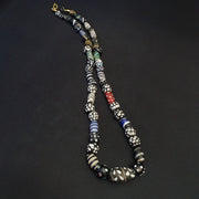 Venetian Black Beads, Antique Italian Lampwork Strand - White Feather Accent, African Trade Glass, Vintage