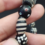Venetian Black Beads, Antique Italian Lampwork Strand - White Feather Accent, African Trade Glass, Vintage