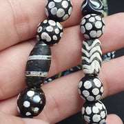 Venetian Black Beads, Antique Italian Lampwork Strand - White Feather Accent, African Trade Glass, Vintage