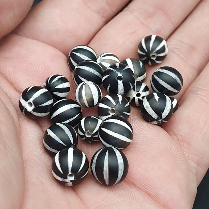 Etched Agate Beads: Indo Himalayan Tibetan Decorated Beads - Lot of 20