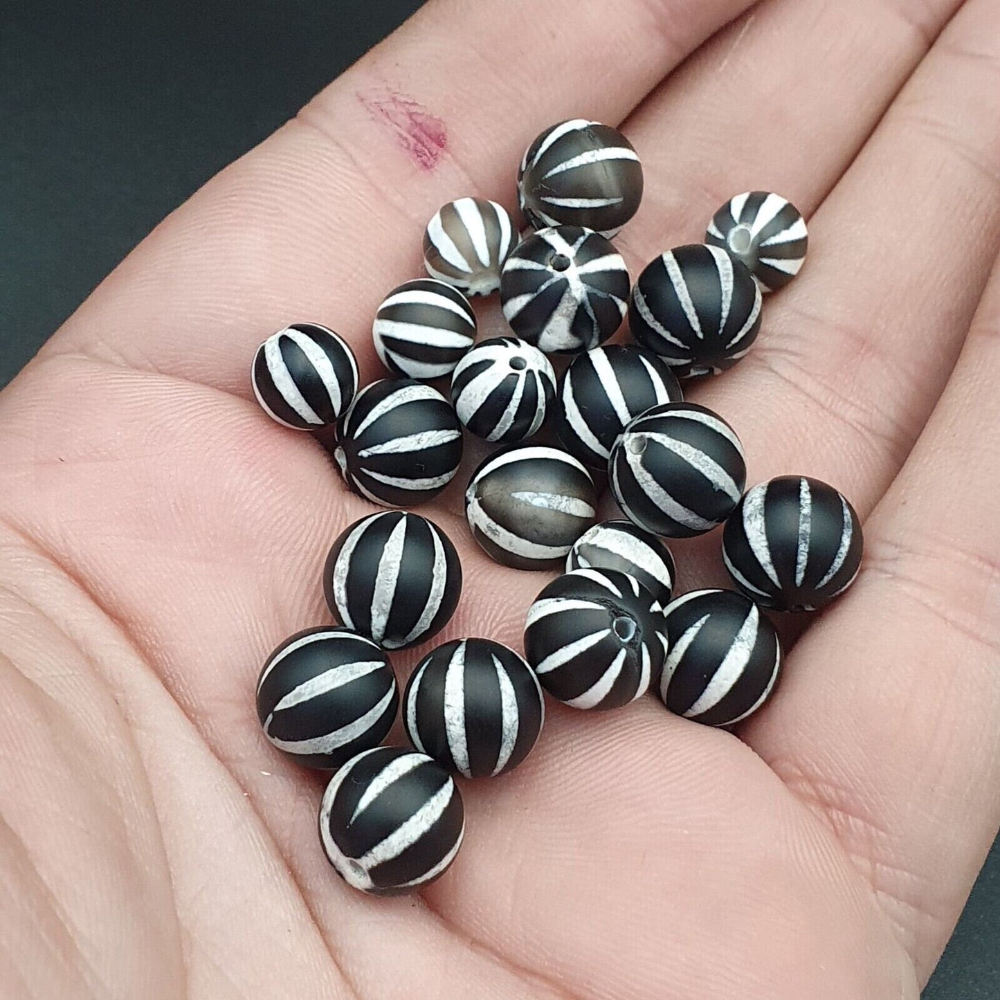 Etched Agate Beads: Indo Himalayan Tibetan Decorated Beads - Lot of 20