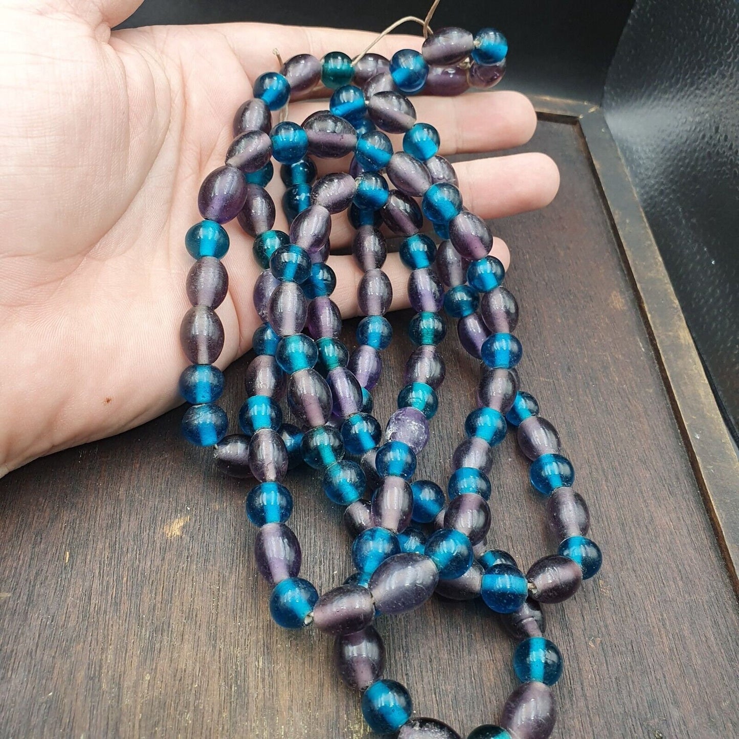 Vintage glass beads aqua blue lagoon and purple fancy beads 10.5mm-11mm strandGift