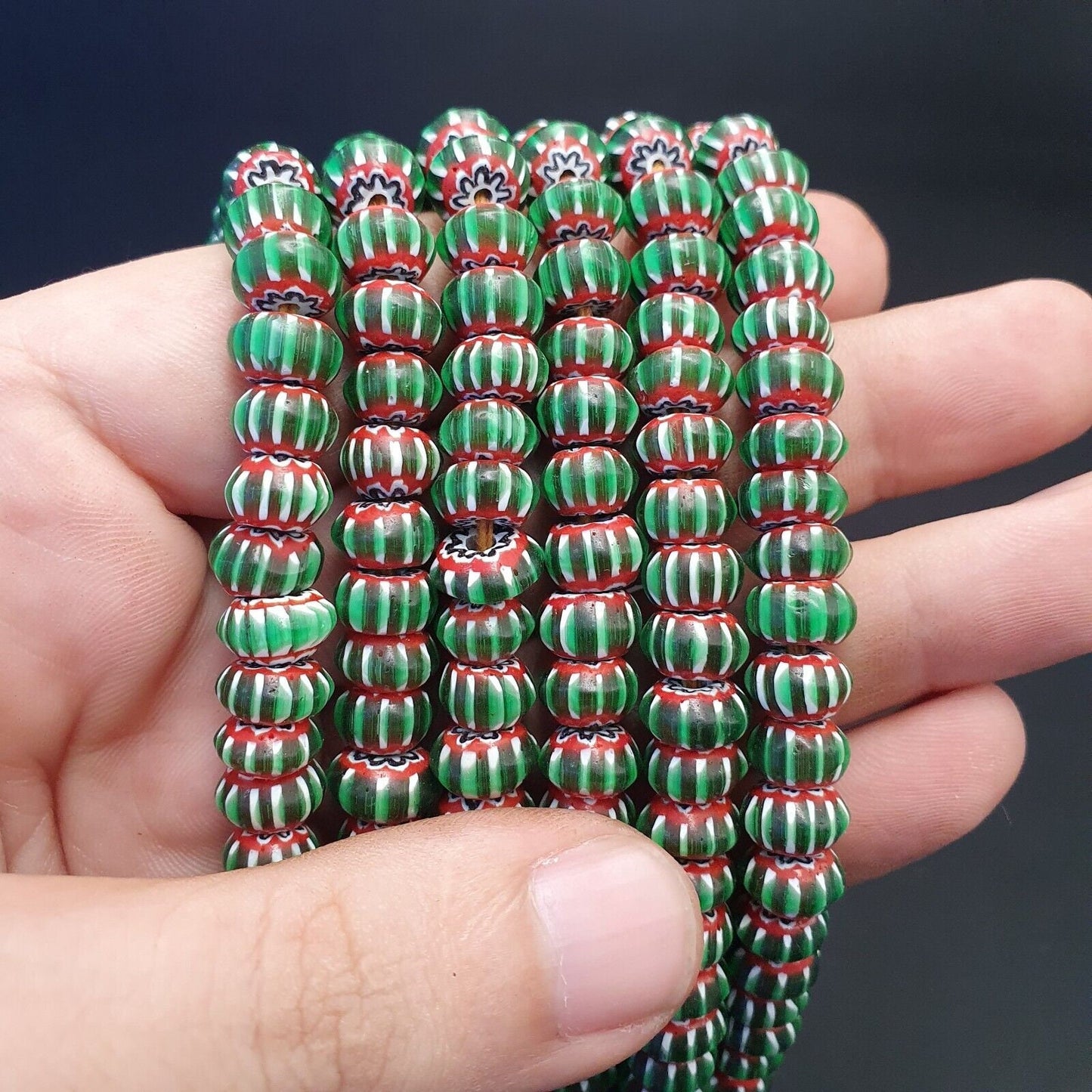 Vintage venetian african style glass green chevron 9mm beads long strandGift