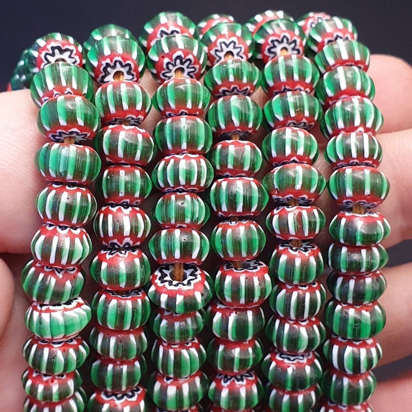 Vintage venetian african style glass green chevron 9mm beads long strandGift