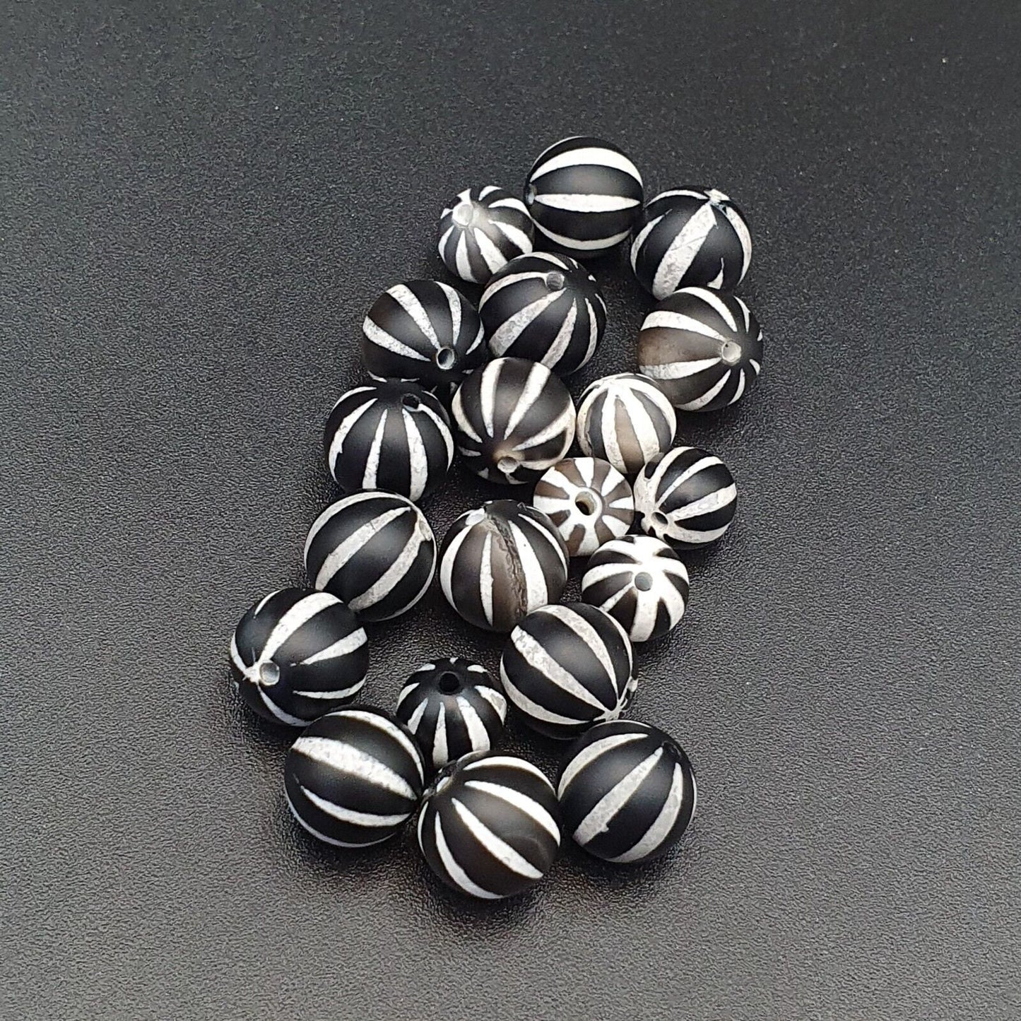 Etched Agate Beads: Indo Himalayan Tibetan Decorated Beads - Lot of 20