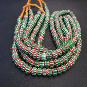 Vintage venetian african style glass green chevron 9mm beads long strand.
