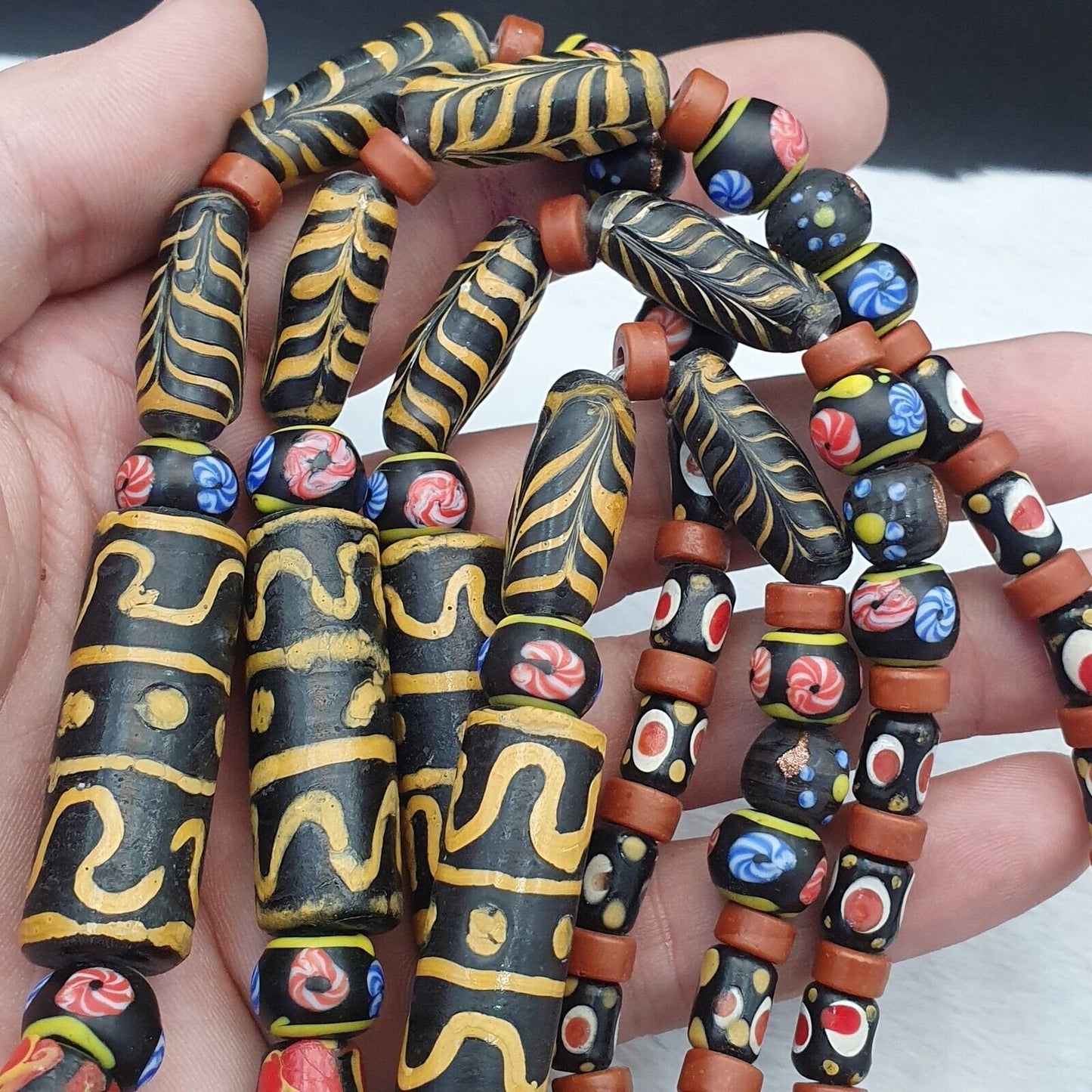 Vintage old mix glass feather and fancy beads beaded long necklace  big beadsGift