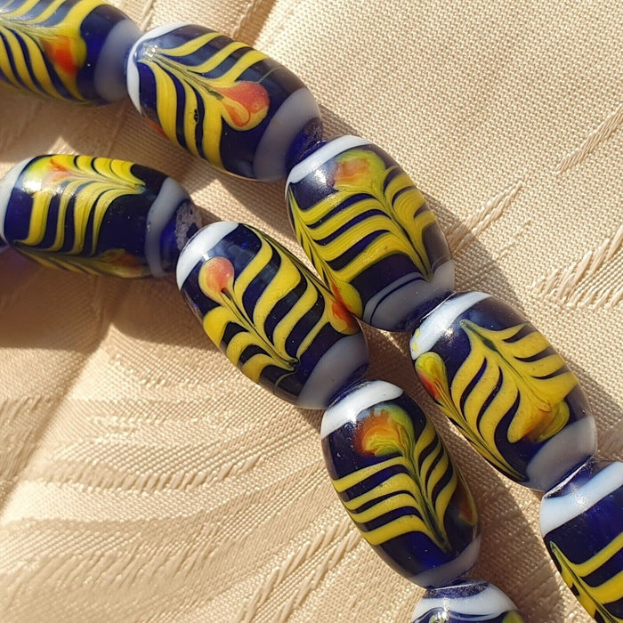 Vintage blue fancy feather pattern glass beads long necklaceGift