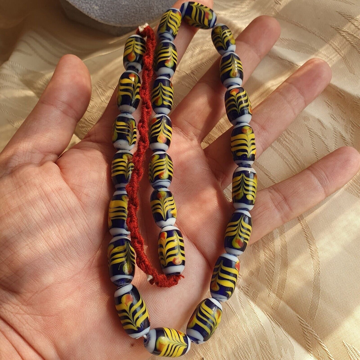 Vintage blue fancy feather pattern glass beads long necklaceGift