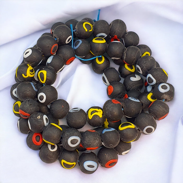 Vintage Black Glass Beaded Necklace: 16mm Multi-Color Strand