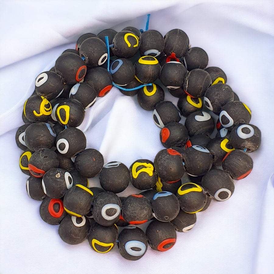 Vintage Black Glass Beaded Necklace: 16mm Multi-Color Strand