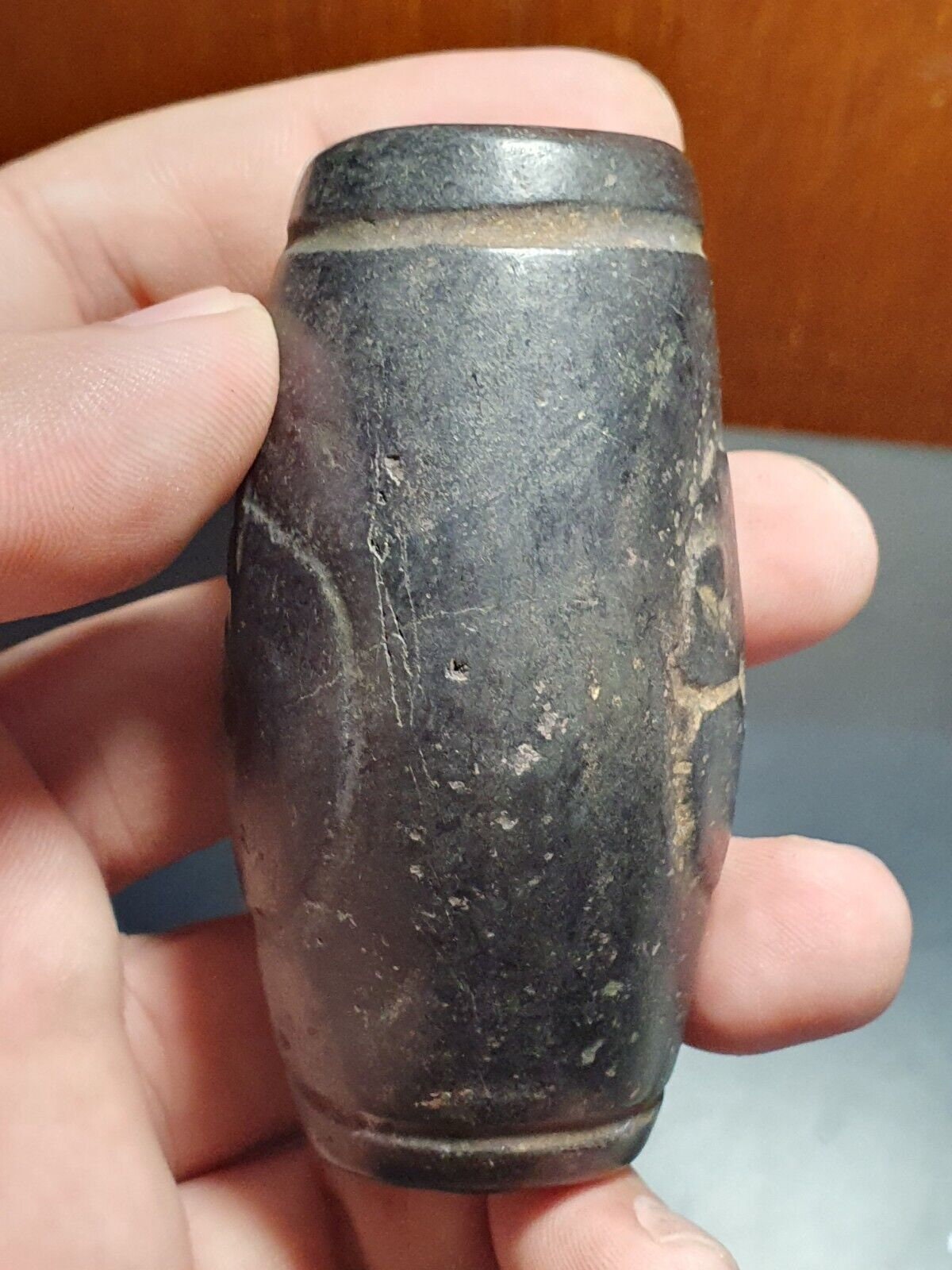 Antique Carved Jade Amulet Bead: Black Iron Magnetic Stone