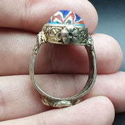 Vintage Chevron Mosaic Glass Ring - Brass Pattern Band