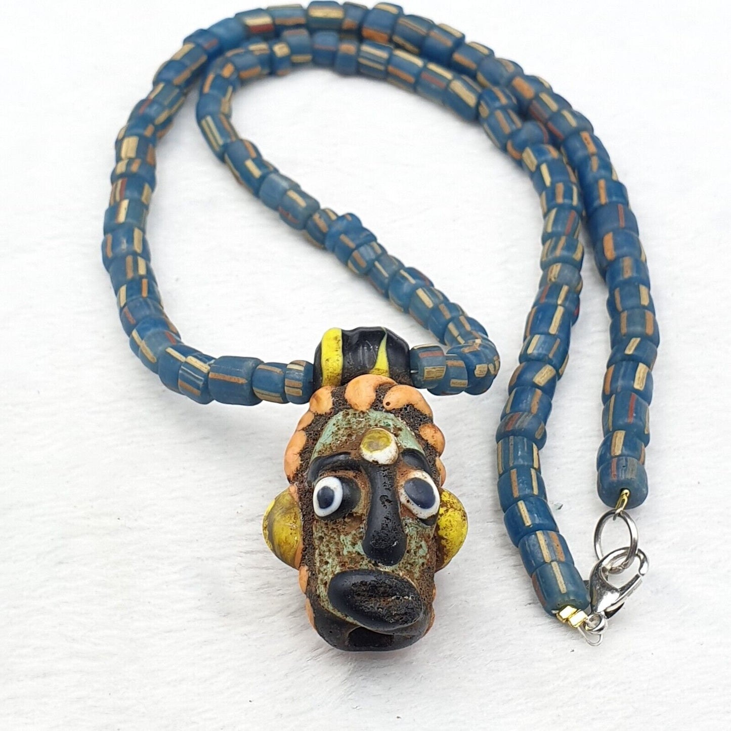 Antique vintage handmade face bead mosaic stripes glass beaded strand necklaceGift