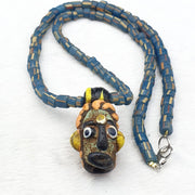 Antique vintage handmade face bead mosaic stripes glass beaded strand necklace.