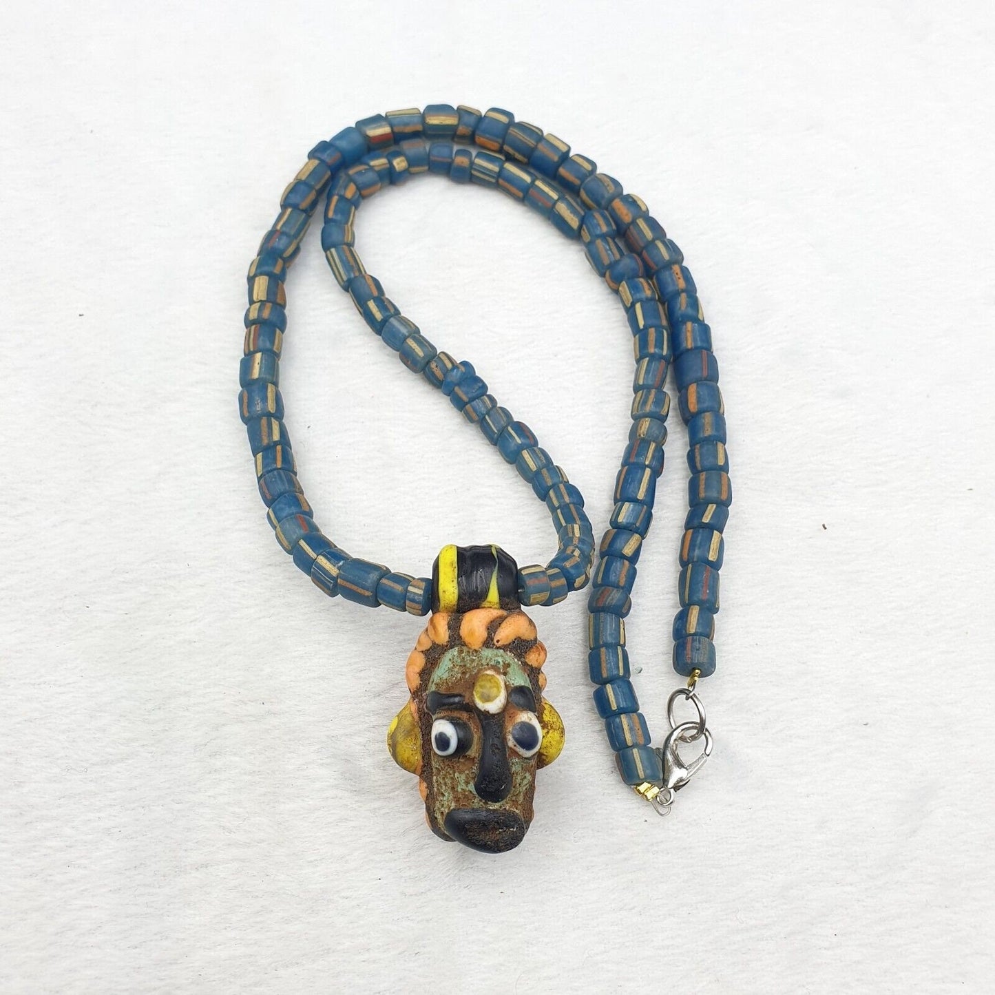 Antique vintage handmade face bead mosaic stripes glass beaded strand necklaceGift