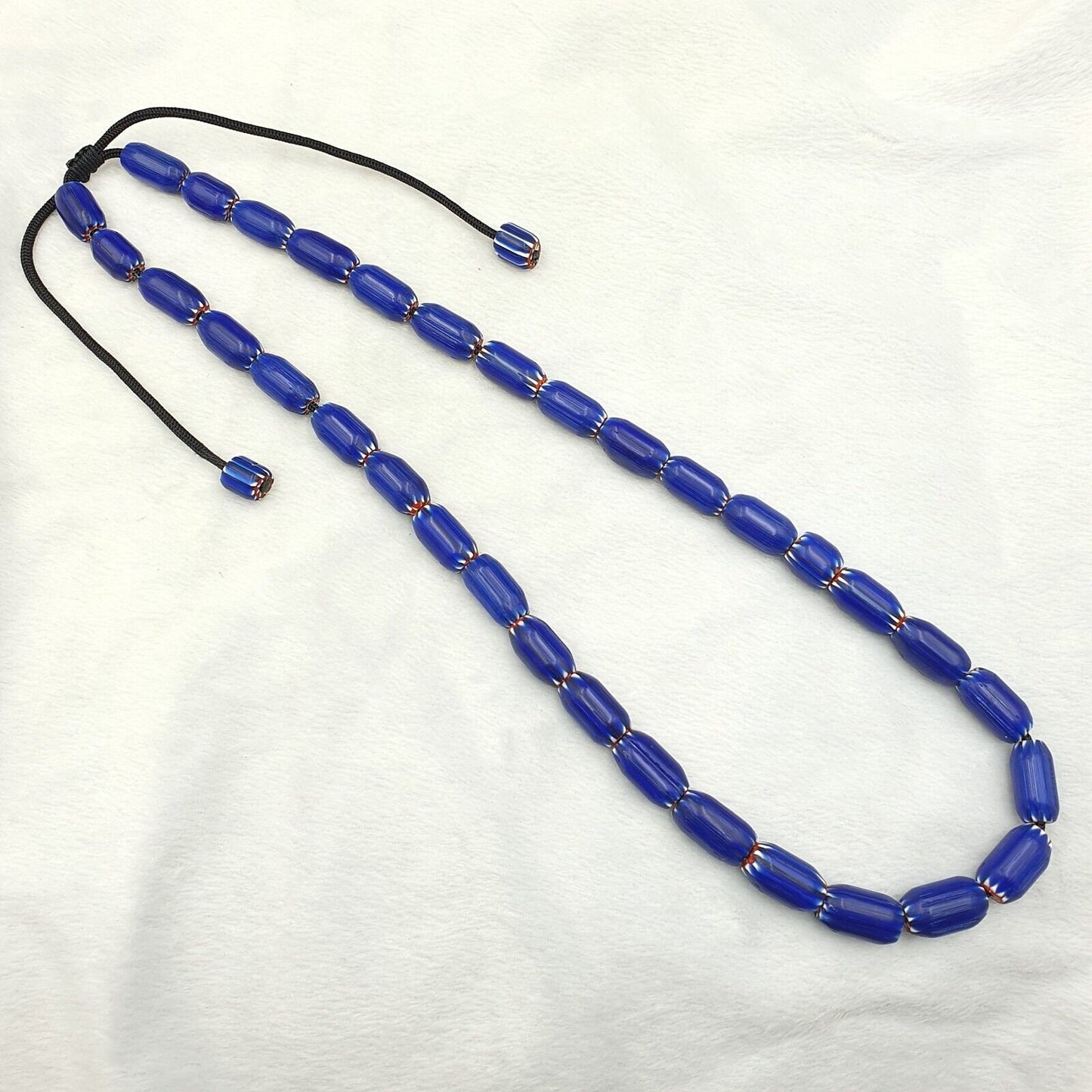 Vintage Blue Chevron Bead Necklace: Venetian Trade African Glass, 24 Inch
