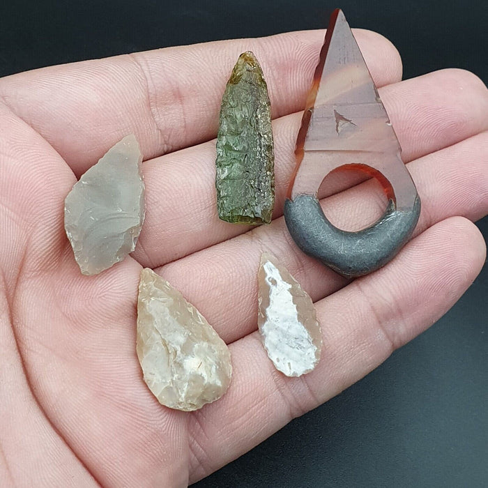 Antique Lot 5 Pieces Stone Arrow Heads Agate Pendent Stone Age