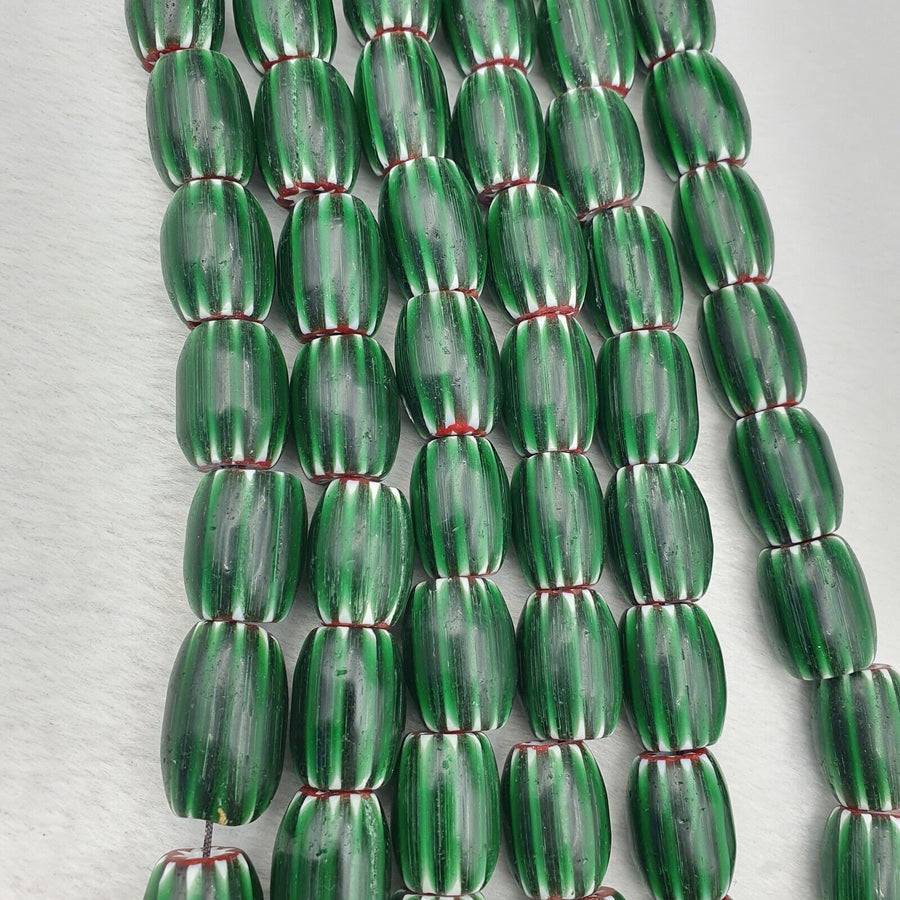 Antique venetian inspired green glass chevron beads long strand necklace 17x13mm.