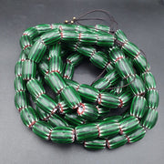 Antique venetian inspired green glass chevron beads long strand necklace 17x13mm.