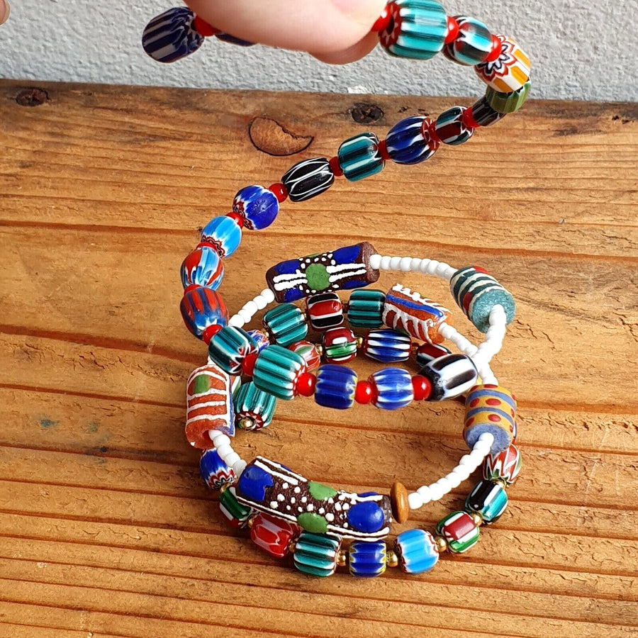 Vintage chevron venetian antique whiteheartt glass beads multilayer bracelet #33.
