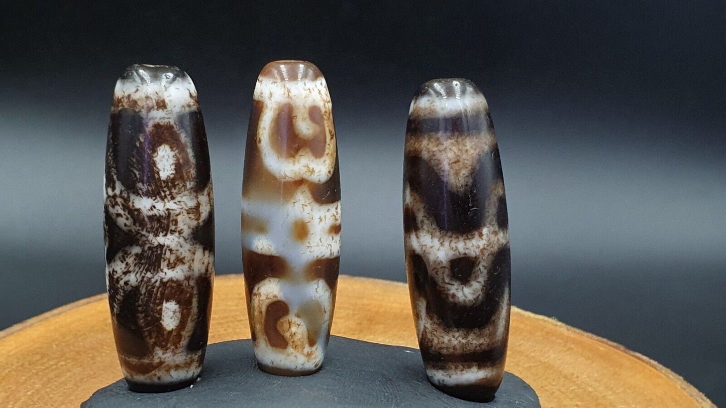 Antique Tibetan Agate Dzi Beads: Eye Amulet Pendants, Lot of 3