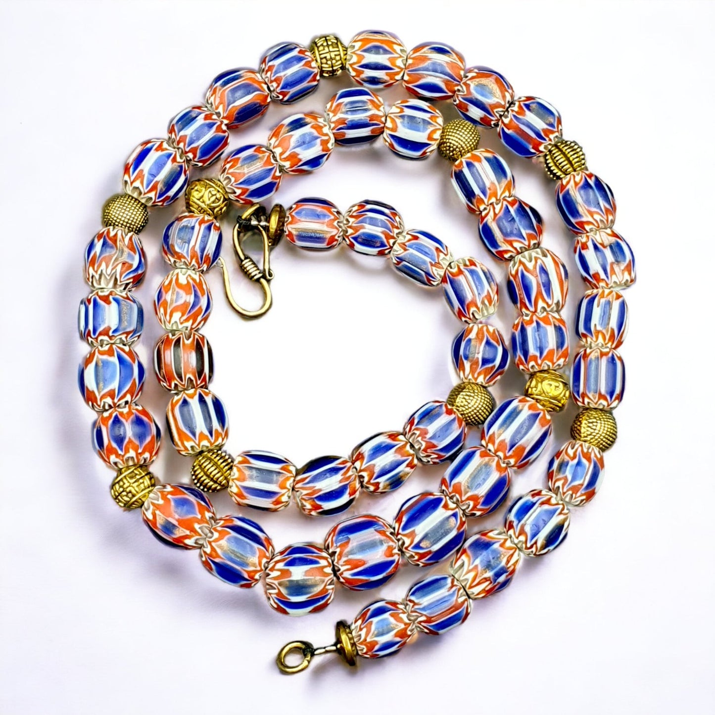 Vintage venetian style beads old blue glass chevron beads long strand necklaceGift