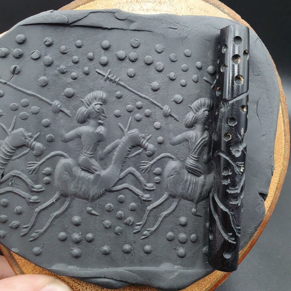Horse Warriors Antique Ancient Indo Tibetan Carving Agate Eyes Stone Bead Amulet