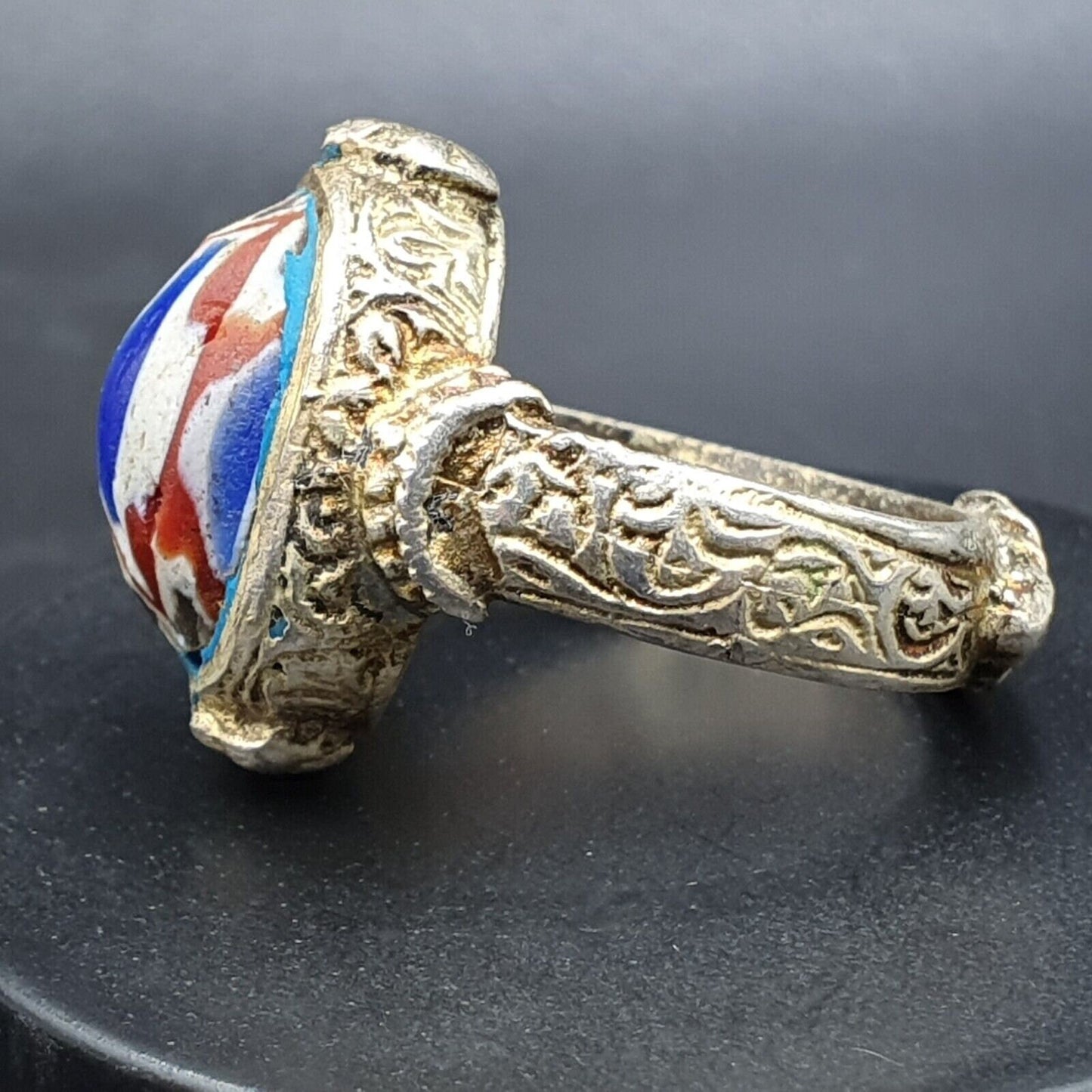 Vintage Chevron Mosaic Glass Ring - Brass Pattern Band