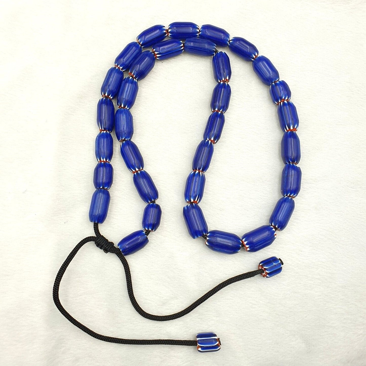 Vintage Blue Chevron Bead Necklace: Venetian Trade African Glass, 24 Inch