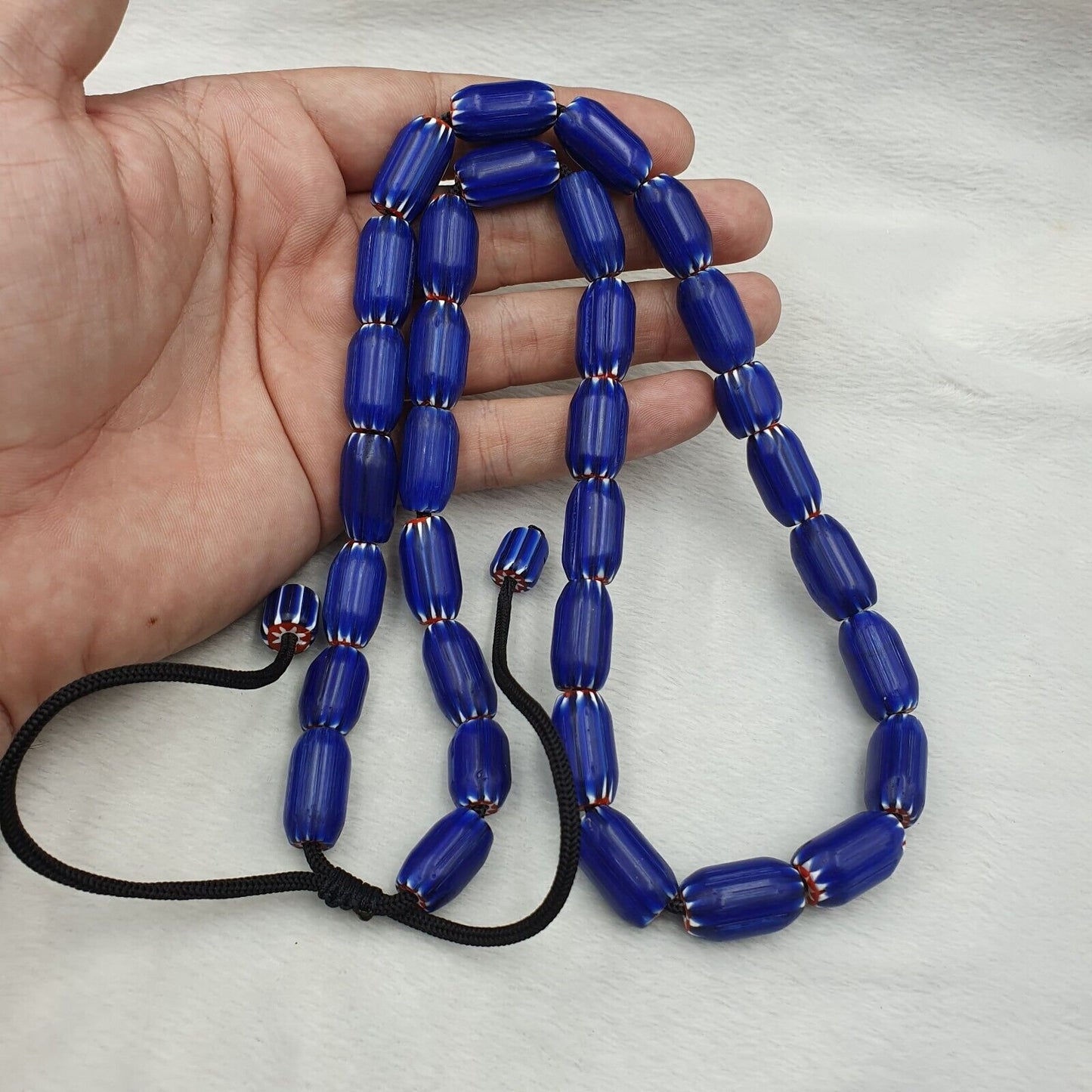 Vintage Blue Chevron Bead Necklace: Venetian Trade African Glass, 24 Inch