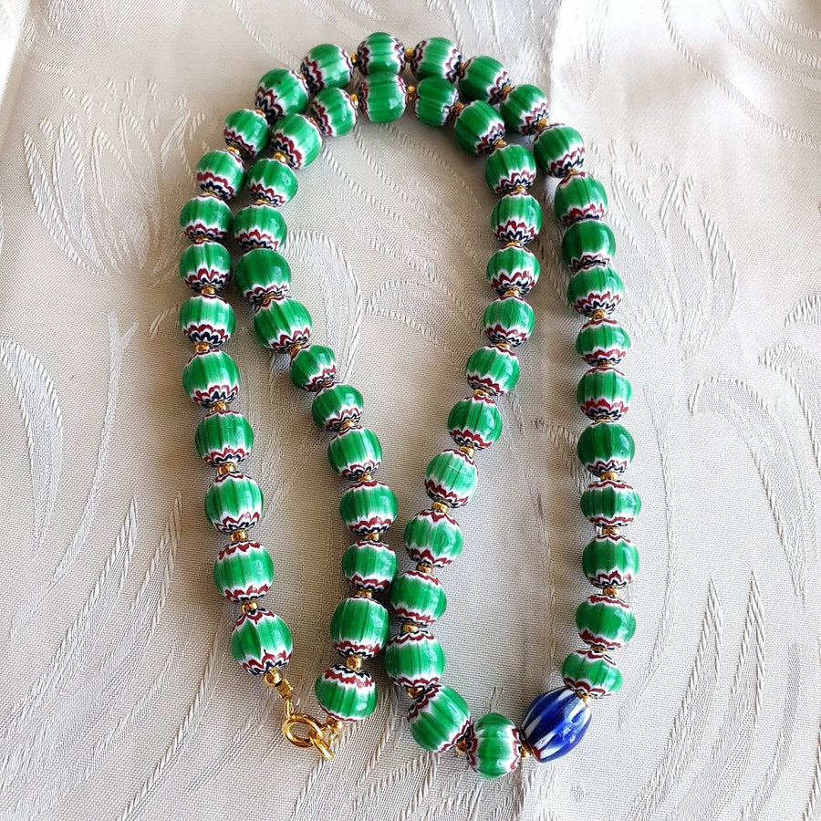 Antique venetian inspired green chevron beads long strand necklace 24inch.