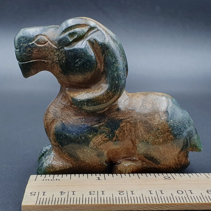 Antique Green Jade Sheep Amulet - Hand Carved Stone Bead
