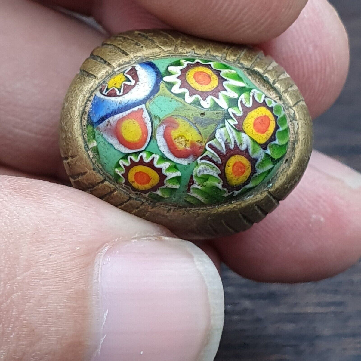 Vintage Gabri Mosaic Glass Brass Ring: Floral Pattern