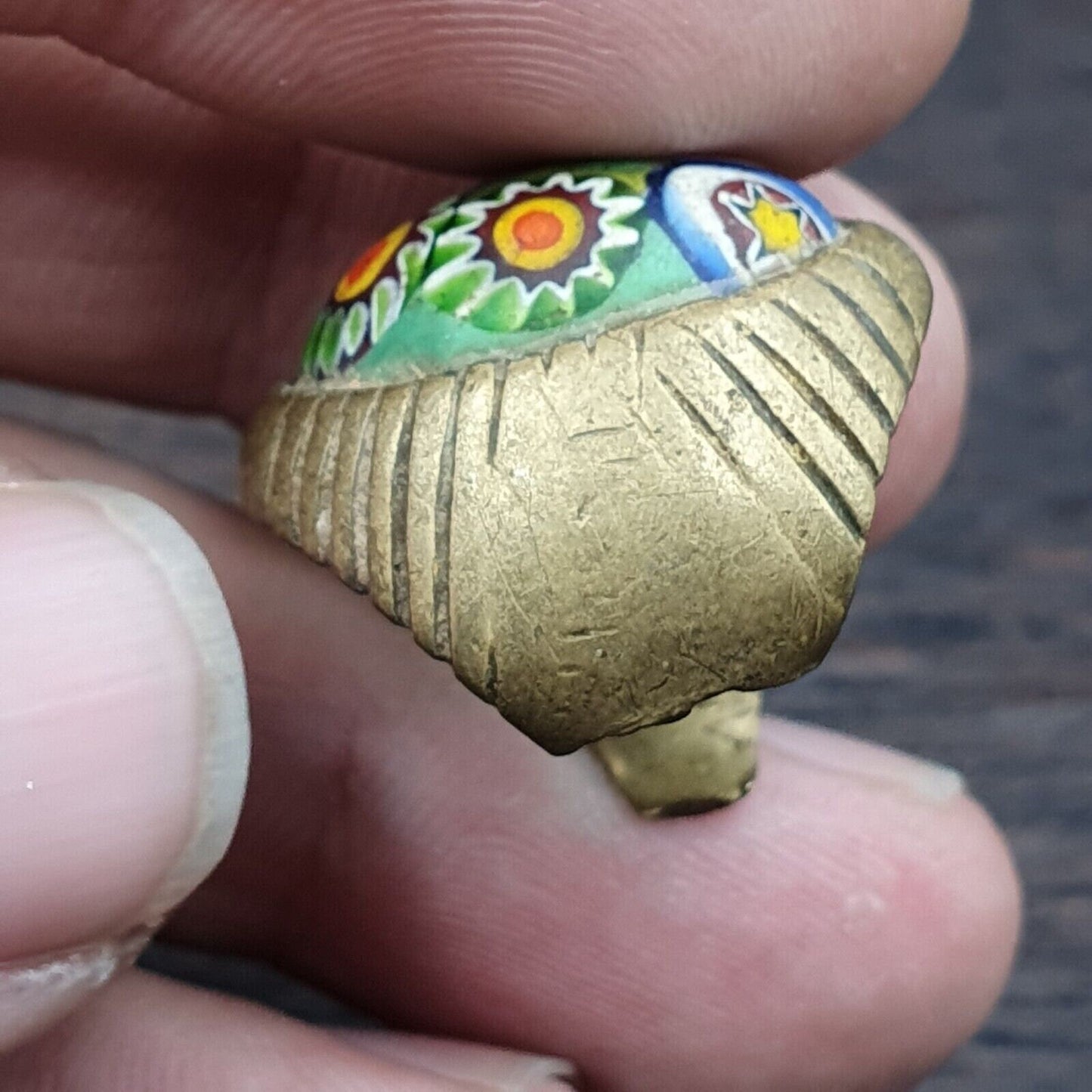 Vintage Gabri Mosaic Glass Brass Ring: Floral Pattern