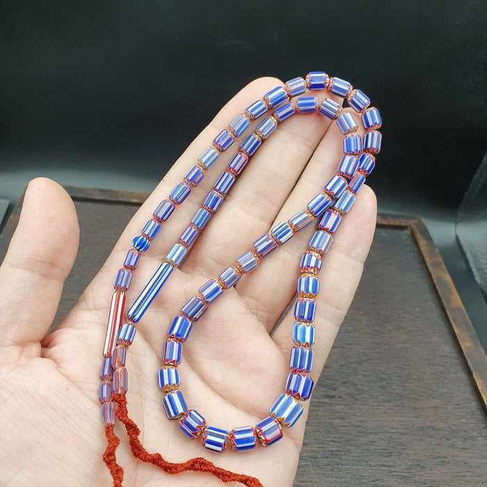 Vintage Venetian Chevron Bead Necklace: Old Blue Trade Glass, 24 Inch