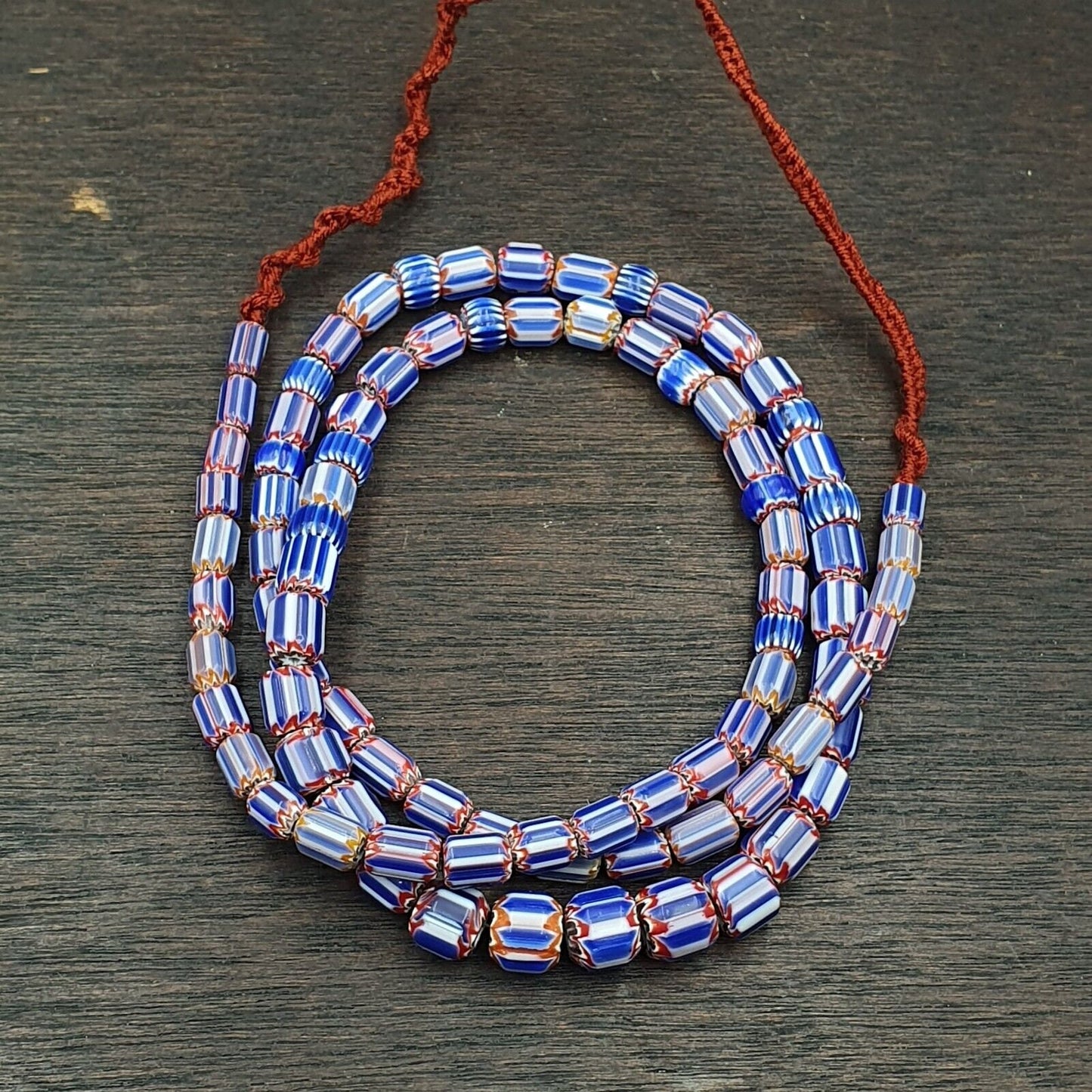 Vintage Venetian Chevron Bead Necklace: Old Blue Glass, 24 Inch Strand