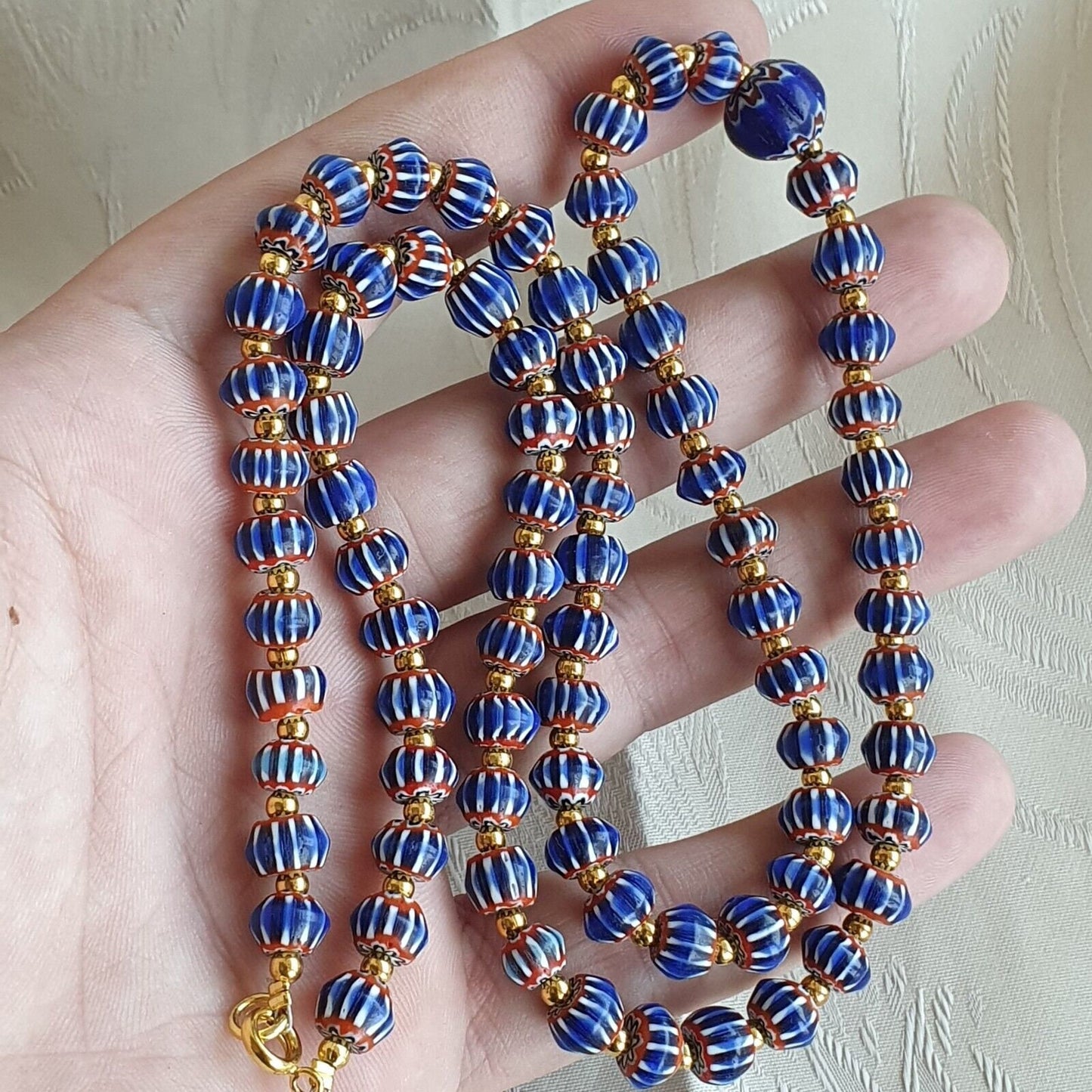 Antique venetian inspired blue chevron beads long strand necklace 24inchGift