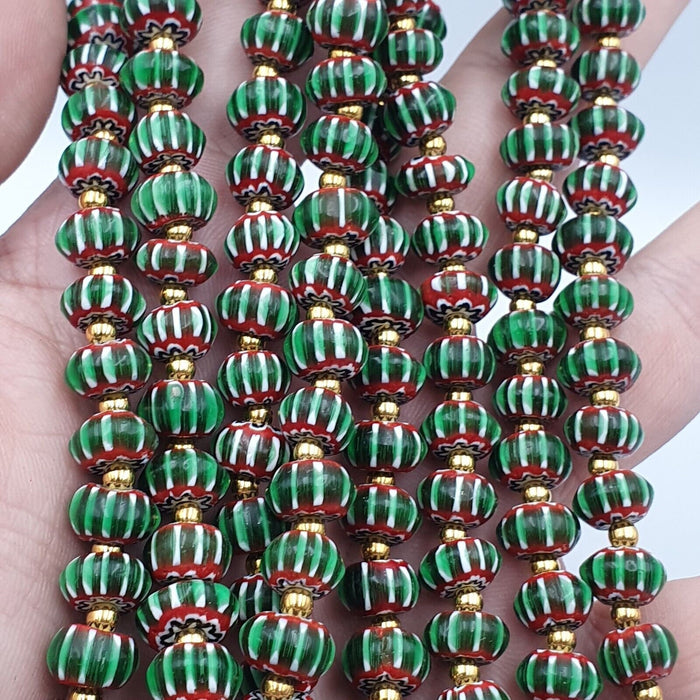 Antique Venetian Inspired Green Chevron Beads Long Strand Necklace 24inch