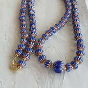 Antique venetian inspired blue chevron beads long strand necklace 24inch.
