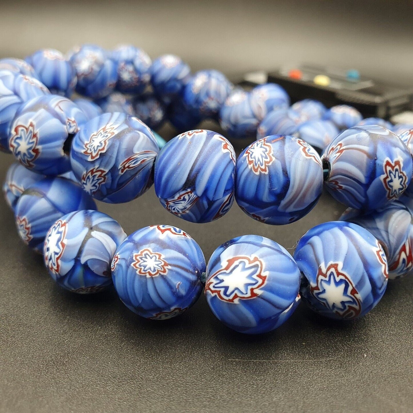 Vintage floral blue glass beads / beaded long strand necklace 15-16mmGift