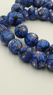 Vintage Floral Blue, Beaded Long Necklace | Glass Beads | 15-16mm Gabri Style Multicolor Full Strand