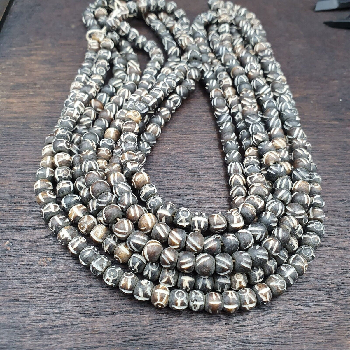 Lot 2 Old Tibetan Carving Yak Bone Necklace Tribal Decorated Beads Strands #b5