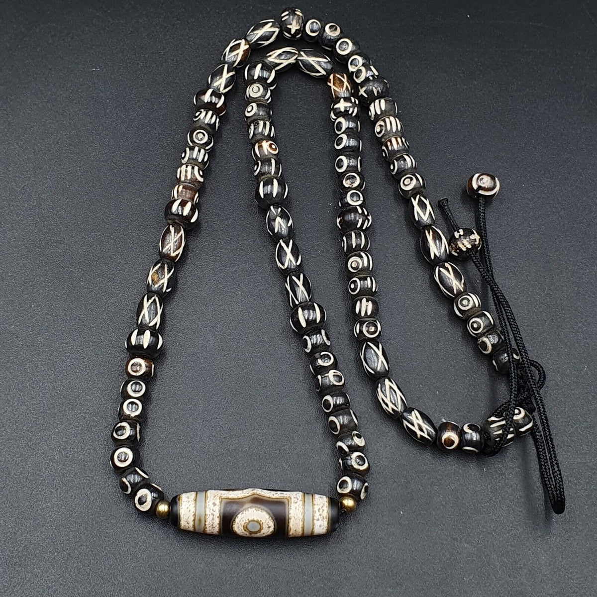Vintage Antique Agate 3 Eye Bead Tibet Himalayan Dzi Pendant Necklace