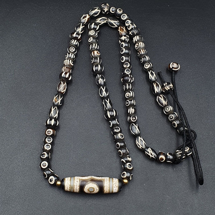 Vintage Antique Agate 3 Eye Bead Tibet Himalayan Dzi Pendant Necklace